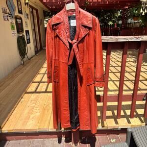 Vintage 1970s Red Leather Trench Coat | Belted Longline Jacket